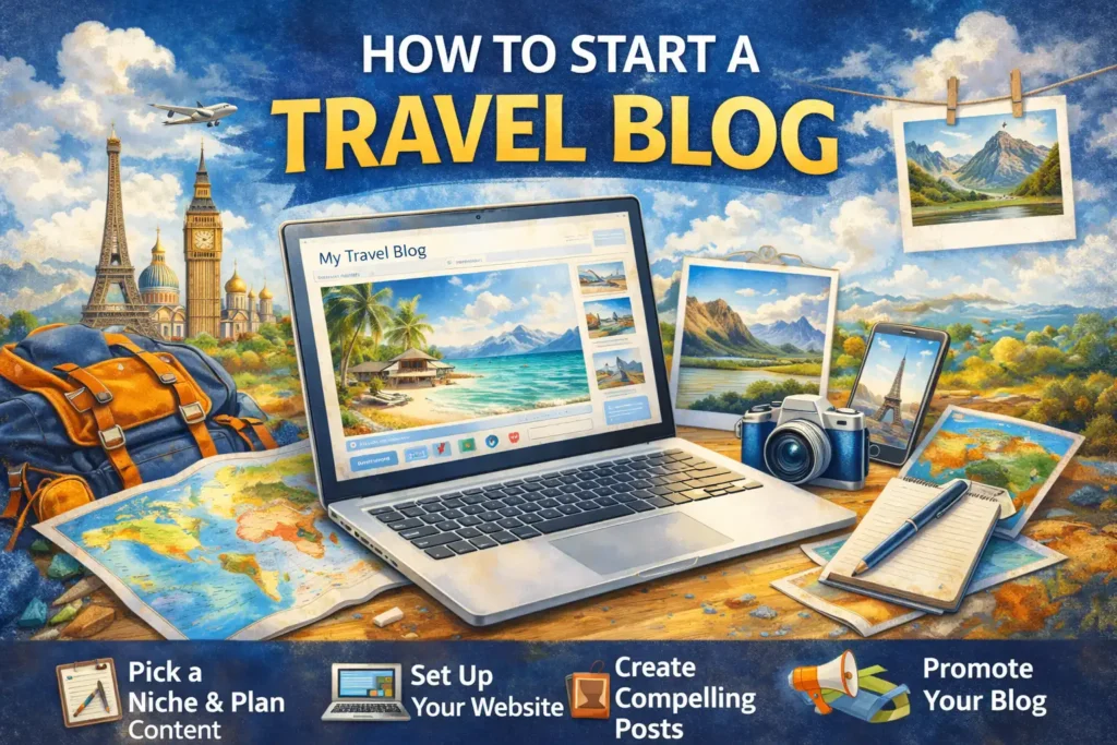 How to Start a Travel Blog: A Practical Guide to how to start a travel blog How to start a travel blog with laptop, camera, maps, and travel landmarks illustration