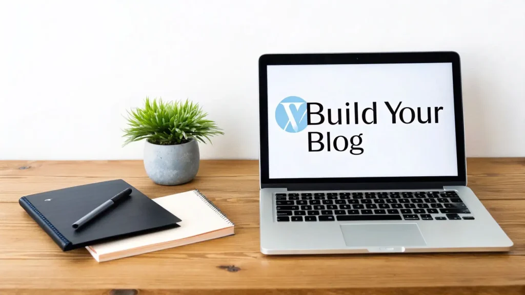Build your blog workspace with a laptop displaying ‘Build Your Blog’ on a wooden desk, alongside notebooks, pen, and a plant, illustrating blog setup and website creation.