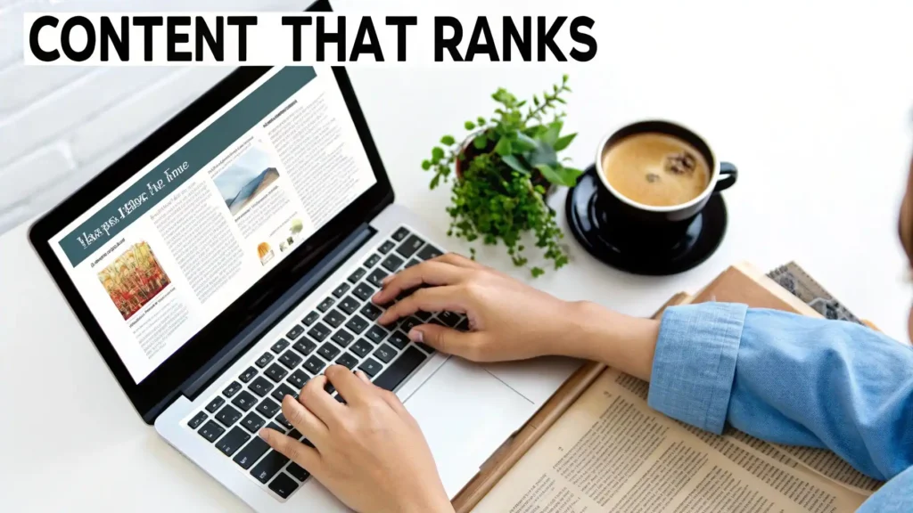 Content that ranks concept showing hands typing on a laptop with a blog article on screen, next to a coffee cup and notebook, illustrating SEO content creation and blog writing.