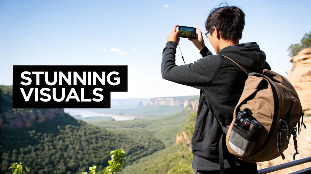 Stunning travel visuals showing a traveler with a backpack taking photos on a smartphone at a scenic mountain viewpoint, illustrating travel photography for blog and social media content.