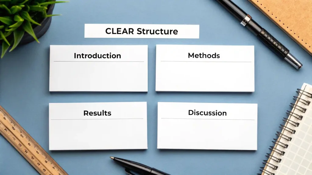 Cards labeled ‘Introduction,’ ‘Methods,’ ‘Results,’ and ‘Discussion’ arranged under the heading ‘Clear Structure’ on a desk with stationery.