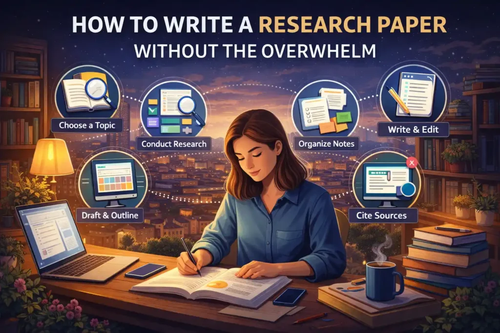 Illustrated educational cover showing a woman calmly writing a research paper at a desk with a laptop, books, and coffee, surrounded by step-by-step icons for choosing a topic, conducting research, organizing notes, drafting, citing sources, and editing, titled “How to Write a Research Paper Without the Overwhelm.”