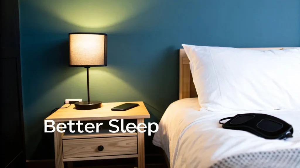 Calm bedroom scene with a bedside table, lamp, smartphone, and sleep mask next to a neatly made bed, with the text ‘Better Sleep’ displayed.