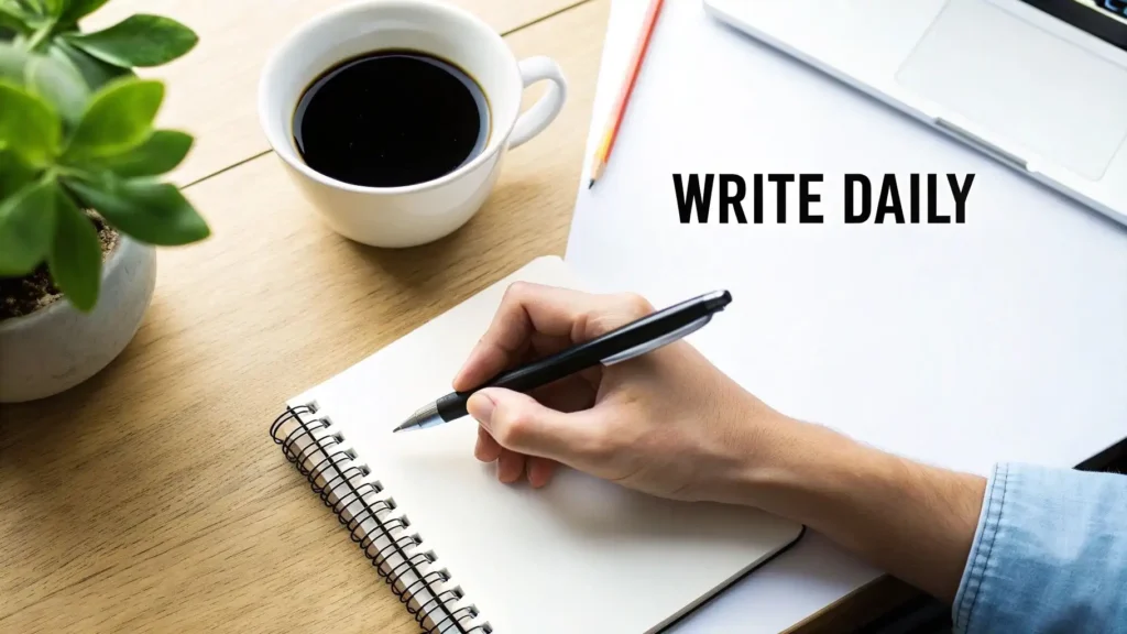 Person writing in a notebook at a desk with a cup of coffee, laptop, and plant nearby, with the text ‘Write Daily’ displayed.