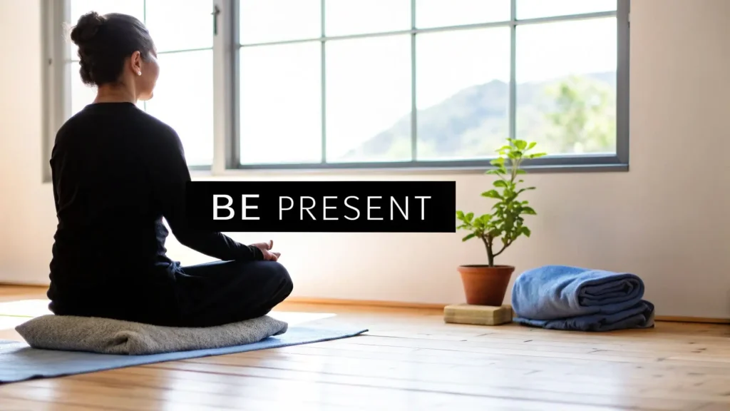 Person sitting cross-legged in a meditation pose on a cushion near a window in a calm room with a potted plant and folded blankets, with the text ‘Be Present’ displayed.