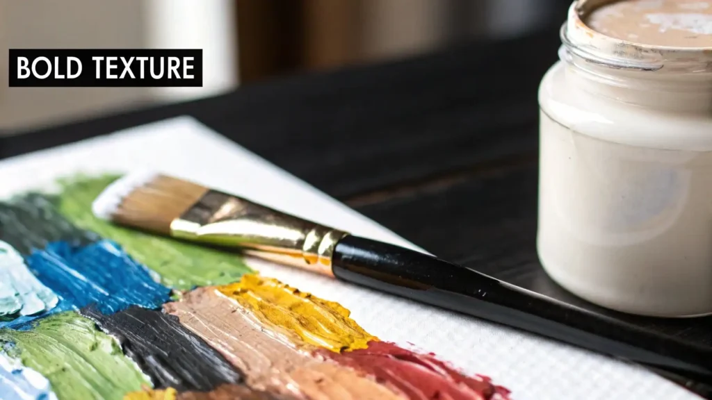 Close-up of bold textured paint strokes on canvas with thick layers of color, a paintbrush, and a jar of white paint, illustrating a bold texture painting technique.