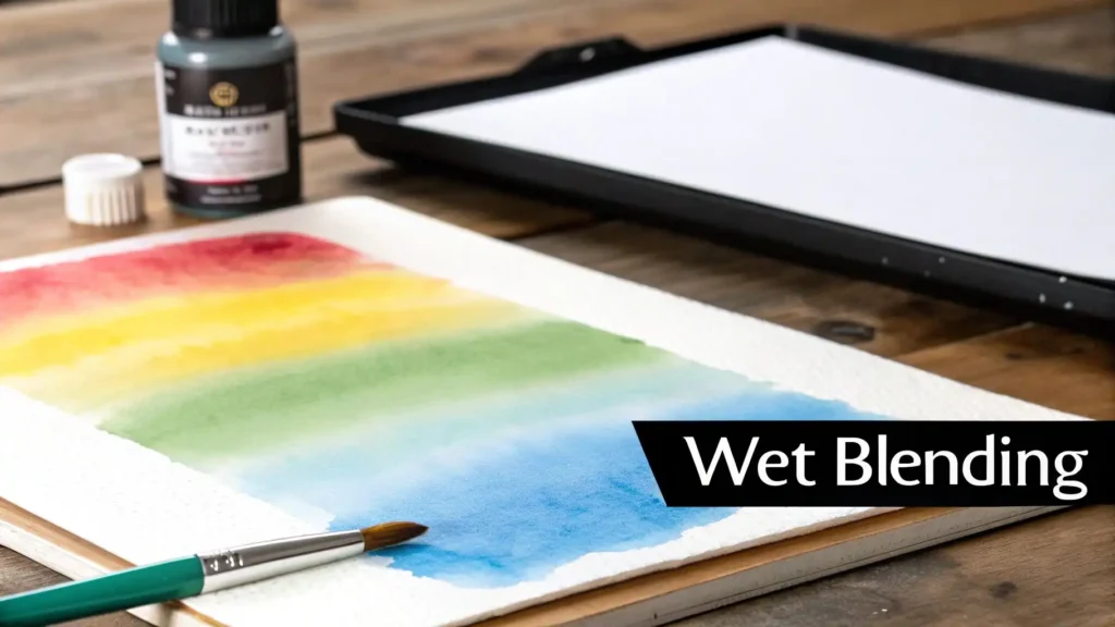Watercolor painting workspace showing a wet blending technique, with smooth gradient washes of red, yellow, green, and blue on paper, a paintbrush, and watercolor supplies on a wooden table.