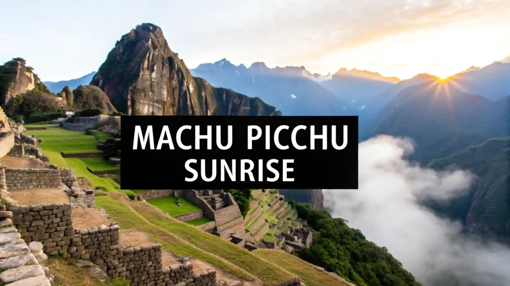 Sunrise view of Machu Picchu with ancient Inca stone terraces and ruins overlooking misty mountains, with the text ‘Machu Picchu Sunrise’ displayed.