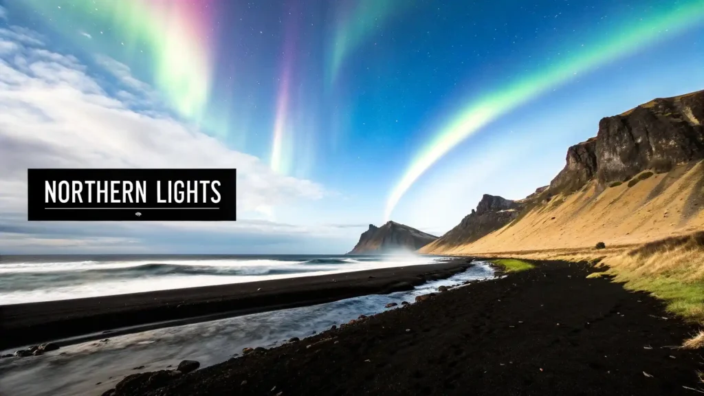 Aurora borealis lighting up the night sky over a black sand beach and rugged coastal cliffs, with the text ‘Northern Lights’ displayed.