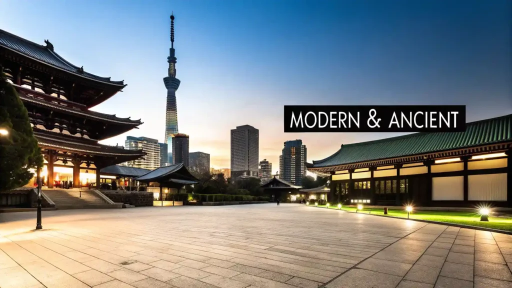 Tokyo cityscape at dusk showing traditional Japanese temple buildings alongside modern skyscrapers and a tall observation tower, with the words ‘Modern & Ancient’ displayed.
