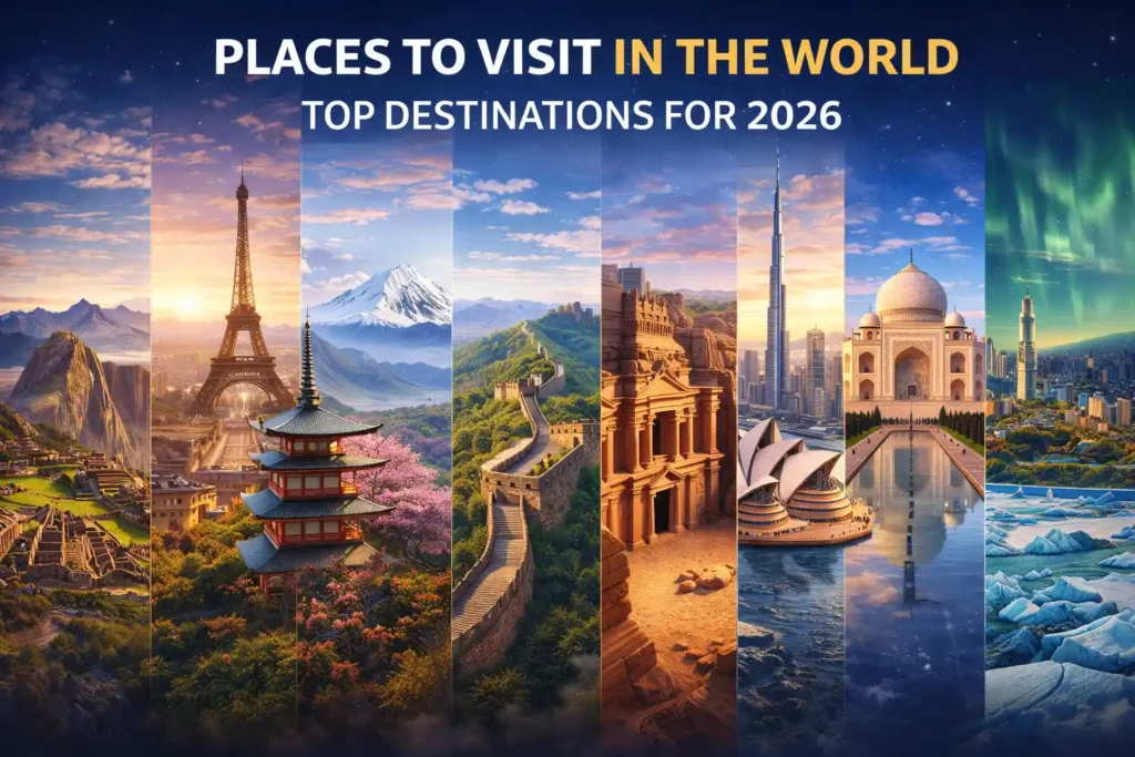 Panoramic travel collage titled “Places to Visit in the World: Top Destinations for 2026,” featuring iconic global landmarks including Machu Picchu, the Eiffel Tower, a Japanese pagoda with Mount Fuji, the Great Wall of China, Petra, the Sydney Opera House, the Burj Khalifa, the Taj Mahal, and the Northern Lights over a modern city skyline.