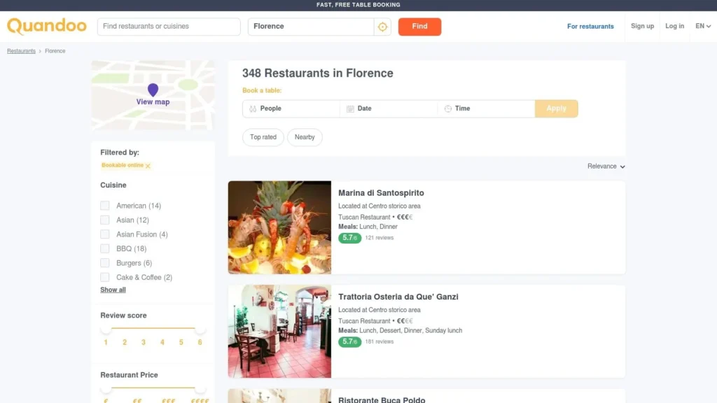 7 Essential Booking Tools for Restaurants in Florence Italy (2026 Guide) a snapshot of a searching web page showing a list of restaurants
