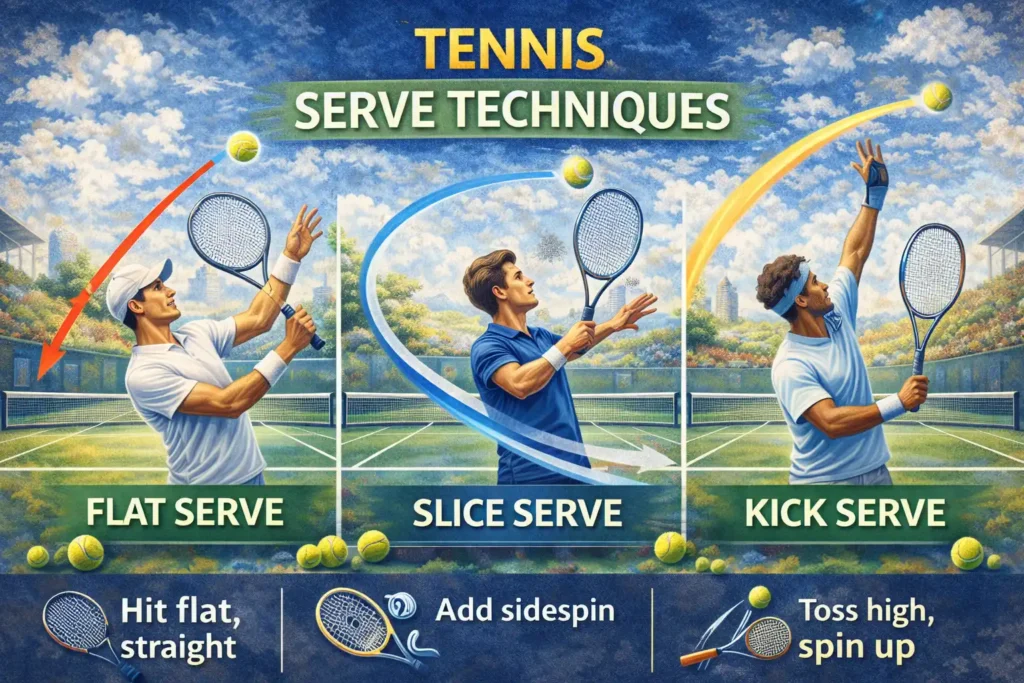 Tennis serve techniques illustration showing flat serve, slice serve, and kick serve mechanics