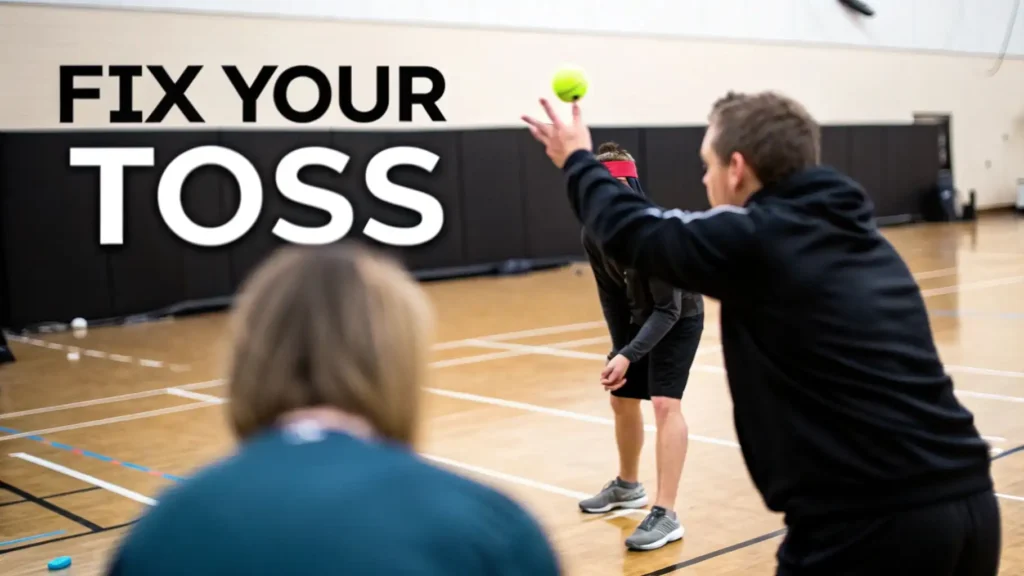 Tennis coach demonstrating proper ball toss technique for serving indoors, showing how to fix tennis serve toss accuracy and consistency.