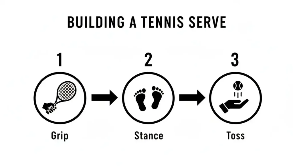 Building a tennis serve infographic showing step-by-step technique—grip, stance, and ball toss—illustrating proper tennis serve fundamentals for beginners.