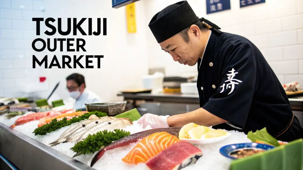 A Japanese sushi chef in a black uniform prepares fresh fish and seafood on ice at the Tsukiji Outer Market.