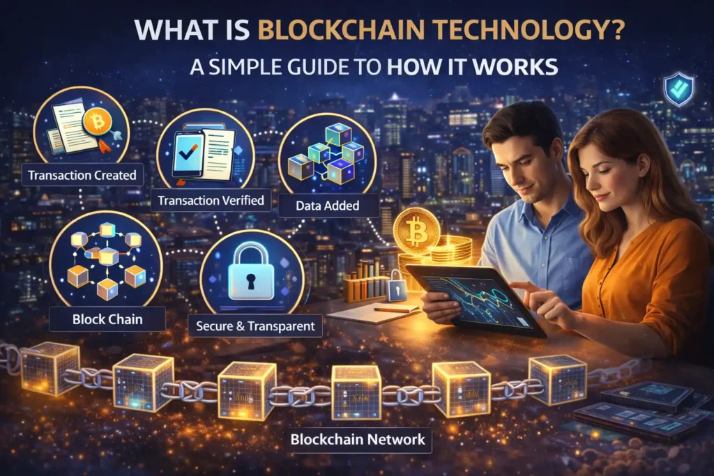 Educational infographic titled “What Is Blockchain Technology? A Simple Guide to How It Works,” showing people using a tablet while visual icons explain blockchain steps such as creating and verifying transactions, adding data to blocks, linking blocks in a chain, and maintaining a secure, transparent network, with digital coins and a cityscape background.