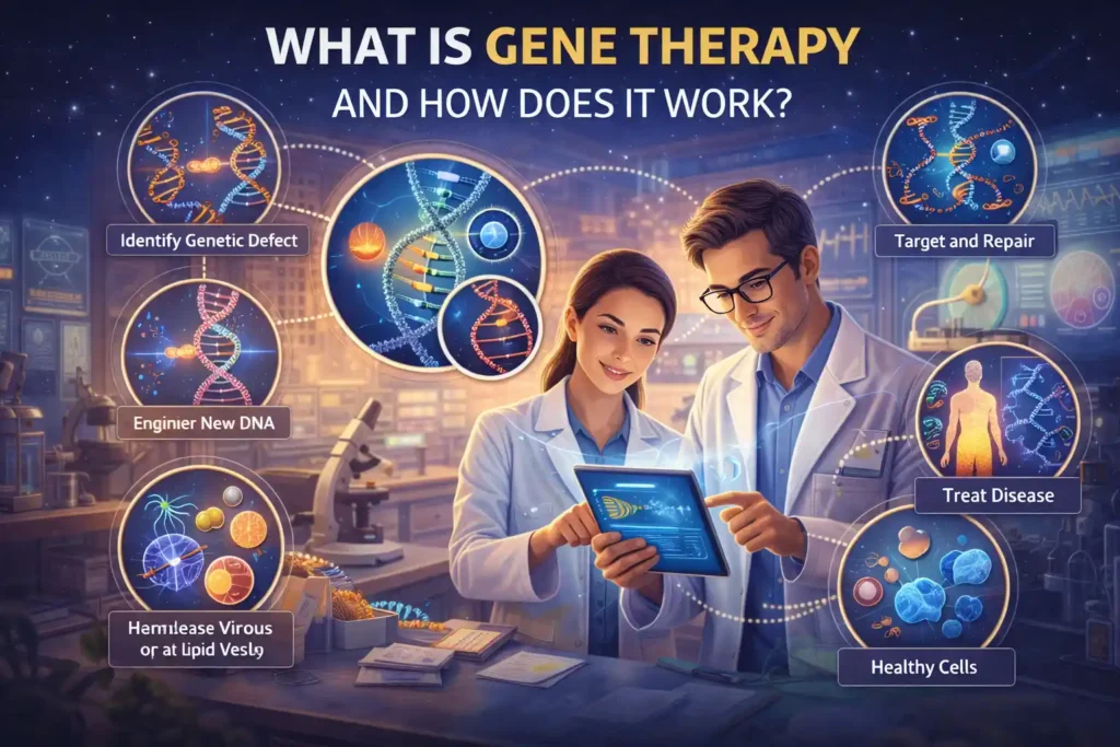 Educational infographic titled “What Is Gene Therapy and How Does It Work?” showing scientists in a laboratory examining a DNA helix on a tablet, surrounded by illustrated steps of gene therapy such as identifying genetic defects, editing or engineering DNA, delivering healthy genes, targeting and repairing cells, and treating disease, with microscopes and lab equipment in the background.