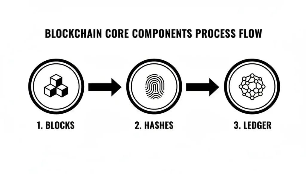 Infographic titled ‘Blockchain Core Components Process Flow’ showing three steps connected by arrows: Blocks, Hashes, and Ledger, illustrated with block, fingerprint, and network icons.