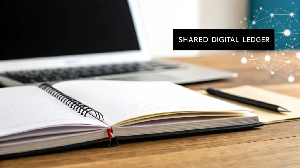 Open notebook and pen on a desk in front of a laptop, with a digital network graphic and the text ‘Shared Digital Ledger’ displayed.