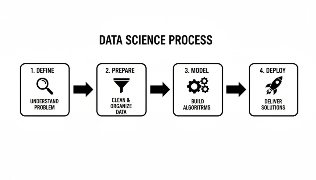 A data science process flowchart showing four steps: define, prepare, model, and deploy, with icons.