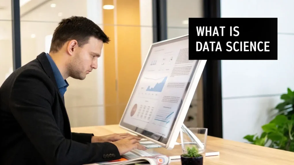 A man intensely analyzes data visualizations on a computer screen, engaged in data science work.