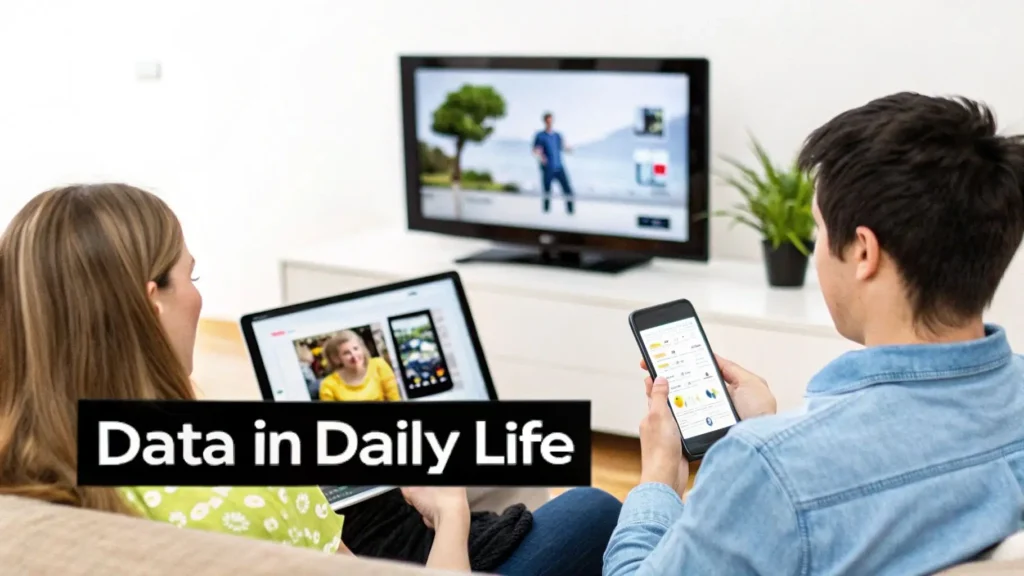 Two people on a sofa using a laptop and smartphone, illustrating data in daily life with various screens.