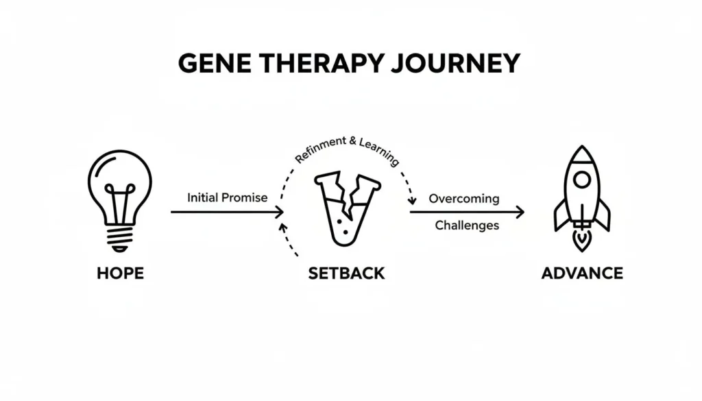 Infographic titled ‘Gene Therapy Journey’ showing a progression from Hope to Setback to Advance, with icons of a lightbulb, a cracked lab flask, and a rocket, connected by arrows labeled initial promise, refinement and learning, and overcoming challenges.