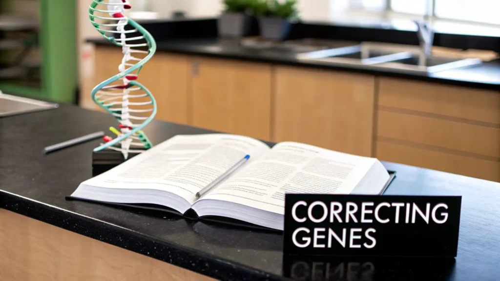Open textbook and pen on a laboratory counter beside a DNA double helix model, with the text ‘Correcting Genes’ displayed.