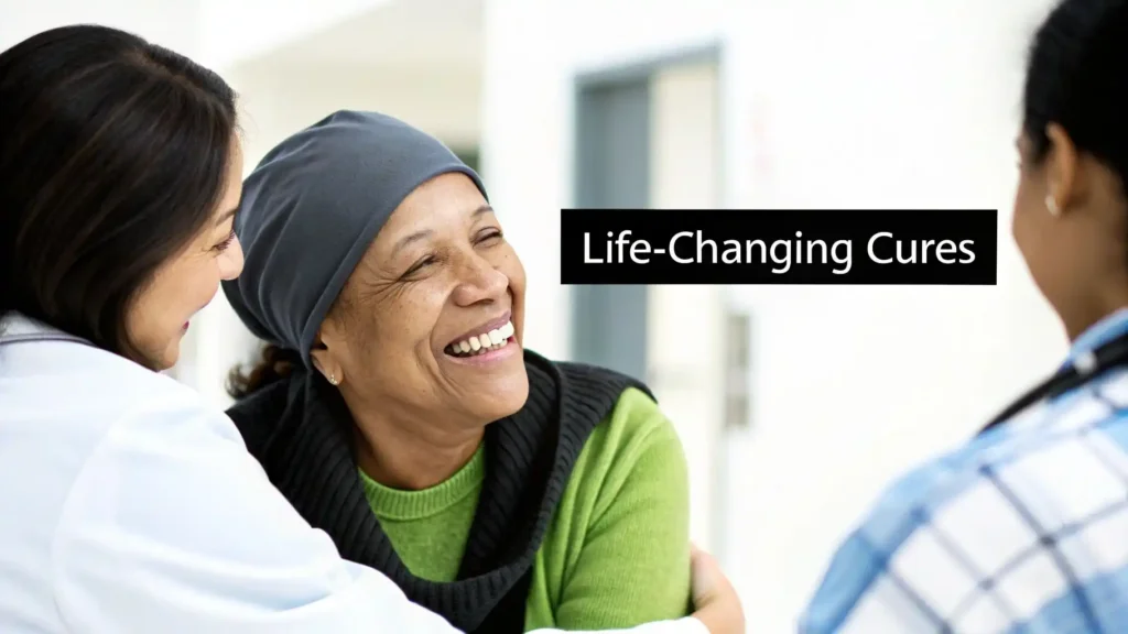 Smiling patient wearing a headscarf embraces a healthcare professional in a medical setting, with the text ‘Life-Changing Cures’ displayed.