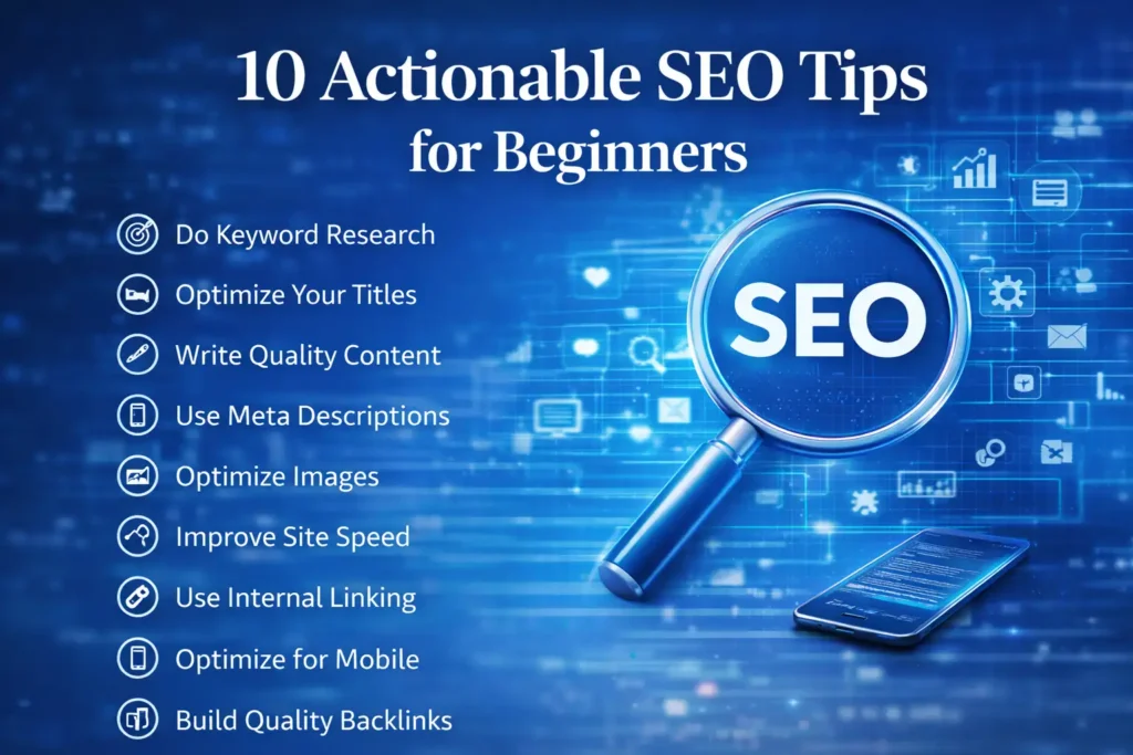 10 Actionable SEO Tips for Beginners to Boost Rankings in 2026 10 actionable SEO tips for beginners illustrated with a magnifying glass labeled SEO, a checklist of optimization tips, and digital marketing icons on a blue technology background.