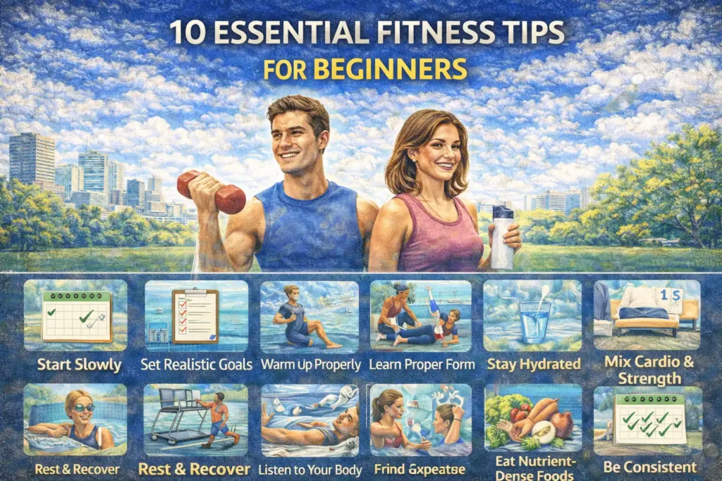 Infographic showing 10 essential fitness tips for beginners, featuring two people exercising outdoors and icons for goals, warm-ups, hydration, proper form, rest, nutrition, and consistency.