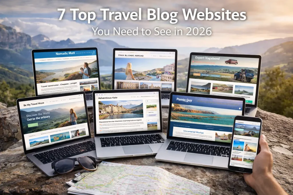 Realistic cover image titled “7 Top Travel Blog Websites You Need to See in 2026” showing multiple laptops and a smartphone displaying popular travel blog homepages, set against a scenic mountain and lake backdrop with a map and sunglasses in the foreground.