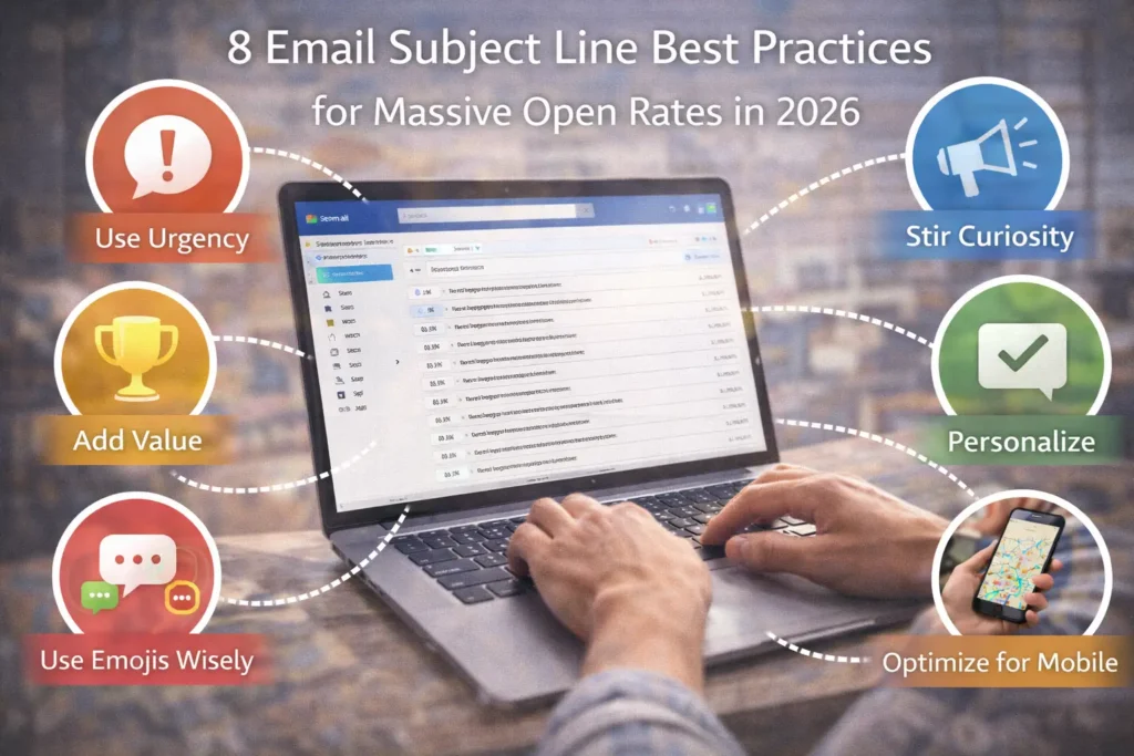 8 Email Subject Line Best Practices for Massive Open Rates in 2026 Realistic cover image titled “8 Email Subject Line Best Practices for Massive Open Rates in 2026” showing a person working on a laptop with an email inbox on screen, surrounded by tips such as using urgency, adding value, stirring curiosity, personalizing messages, using emojis wisely, and optimizing for mobile.