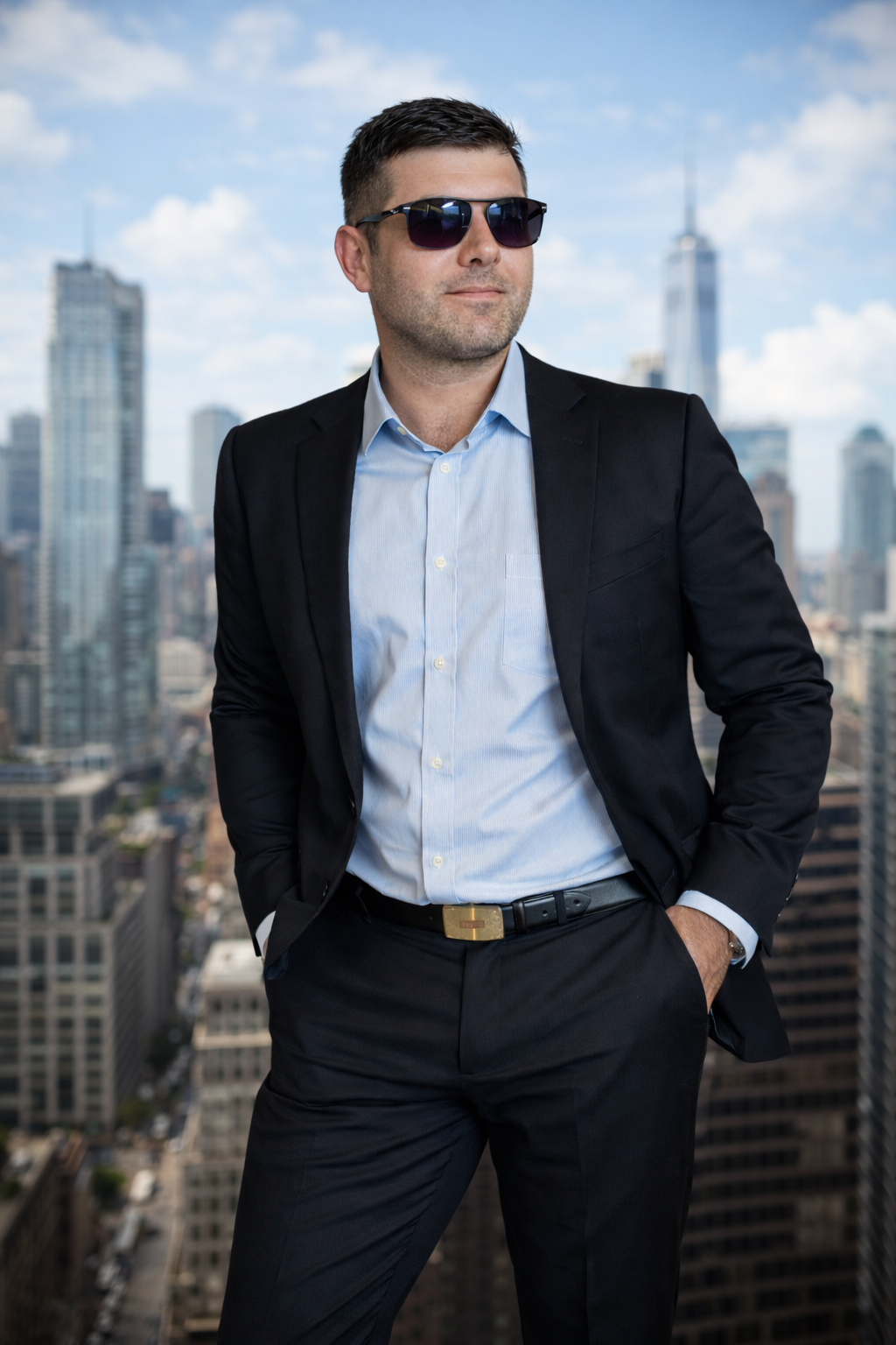 Confident businessman in a black suit and sunglasses standing against a city skyline backdrop, representing corporate leadership, urban success, and modern executive lifestyle.