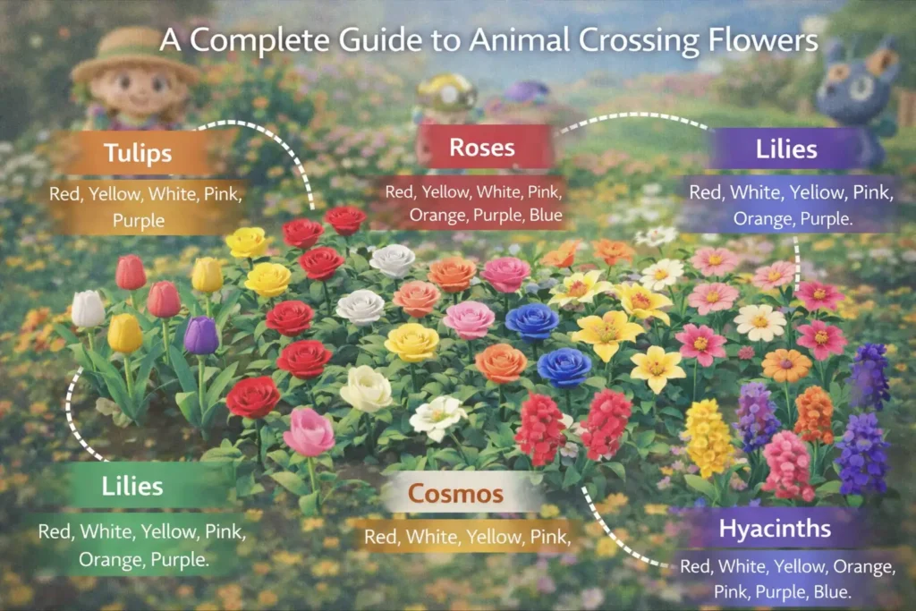 Realistic cover image titled “A Complete Guide to Animal Crossing Flowers” showing a vibrant garden filled with colorful tulips, roses, lilies, cosmos, and hyacinths, each labeled with available flower colors, set against a soft-focus island background.