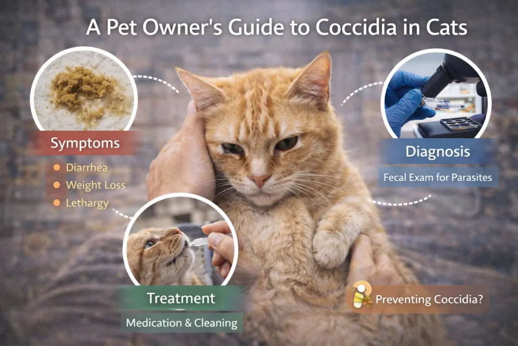 A Pet Owner's Guide to Coccidia in Cats Realistic cover image titled “A Pet Owner’s Guide to Coccidia in Cats” showing an orange tabby cat being examined, with visual highlights of symptoms such as diarrhea, weight loss, and lethargy, along with diagnosis through fecal exams, treatment options, and prevention tips.