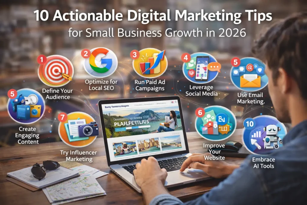 Realistic cover image titled “10 Actionable Digital Marketing Tips for Small Business Growth in 2026” showing a small business owner working on a laptop, surrounded by icons representing SEO, paid ads, social media, email marketing, influencer marketing, website optimization, content creation, and AI tools.