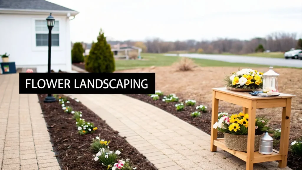 Front yard flower landscaping along a paved walkway with small blooming plants in garden beds, decorative table with yellow and white flowers, and “Flower Landscaping” text overlay.