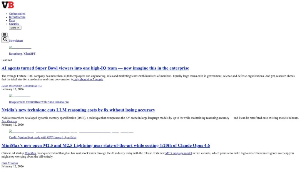Screenshot of VentureBeat homepage featuring AI news headlines about enterprise AI agents, Nvidia’s LLM cost reduction technique, and MiniMax’s new language models.