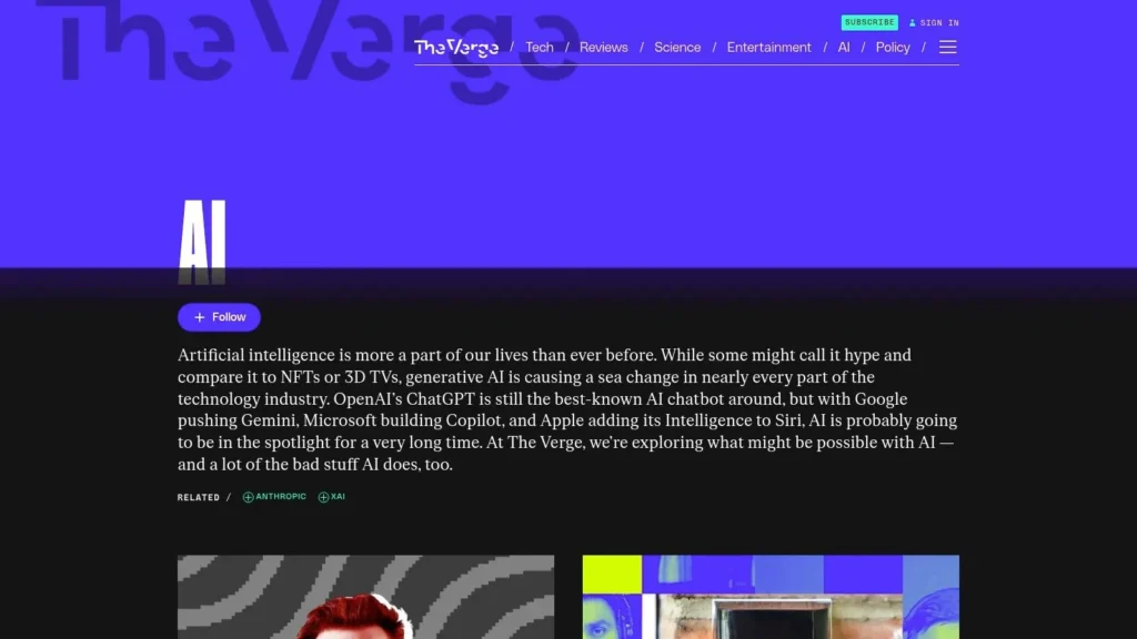 Screenshot of The Verge’s AI section page featuring a large “AI” header, a follow button, and an introductory paragraph discussing generative AI, ChatGPT, Gemini, Copilot, and Apple Intelligence.