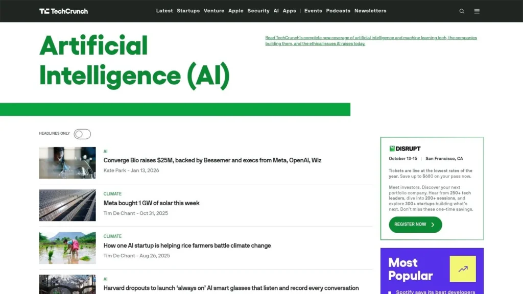 Screenshot of TechCrunch’s Artificial Intelligence (AI) section featuring recent headlines on AI startups, climate tech, and funding news, with a sidebar promotion for the TechCrunch Disrupt event.