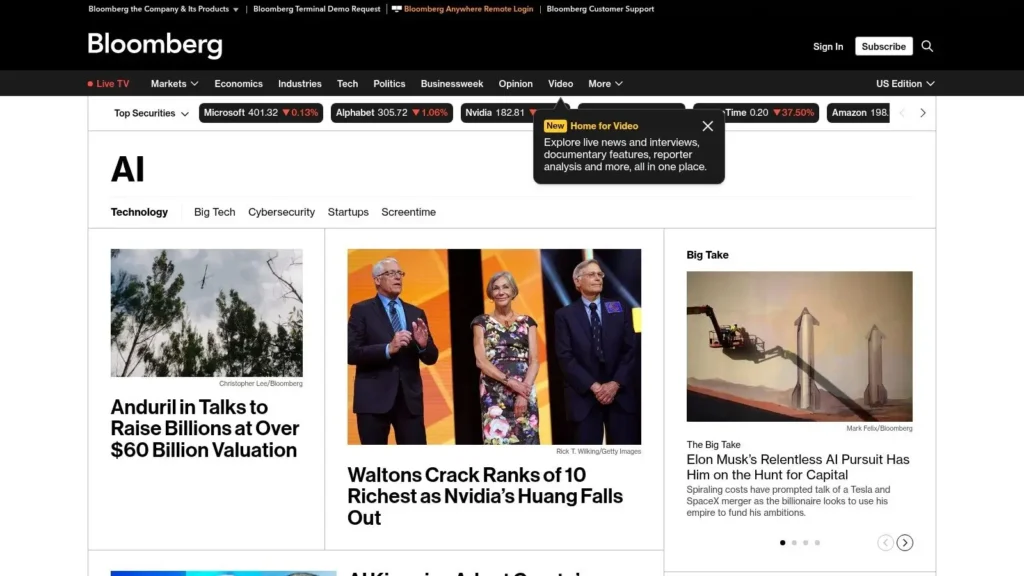 Screenshot of Bloomberg’s AI section page showing technology headlines, stock tickers, and featured stories about Anduril’s valuation, the Walton family’s wealth ranking, and Elon Musk’s AI ambitions.