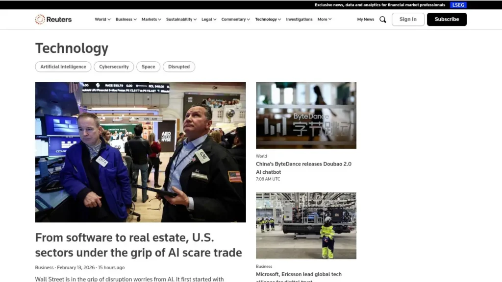 Screenshot of Reuters Technology page featuring artificial intelligence news, including a headline about U.S. sectors affected by AI-driven market volatility and related stories on ByteDance’s AI chatbot and global tech developments.