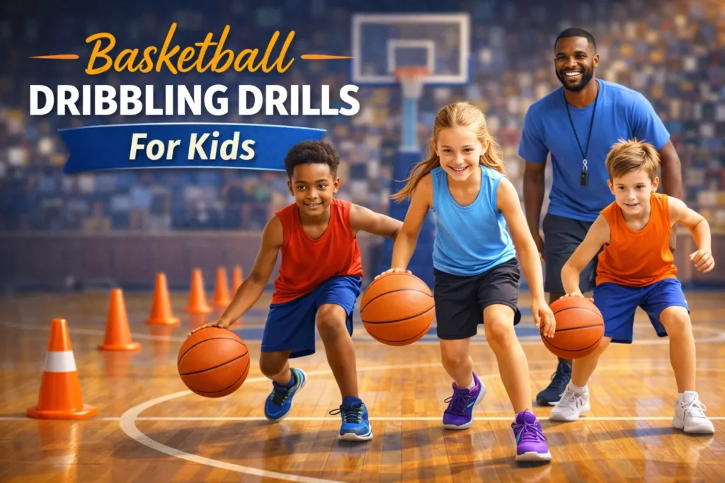 Kids practicing basketball dribbling drills with cones on a court while a coach watches, thumbnail for youth basketball training tips.