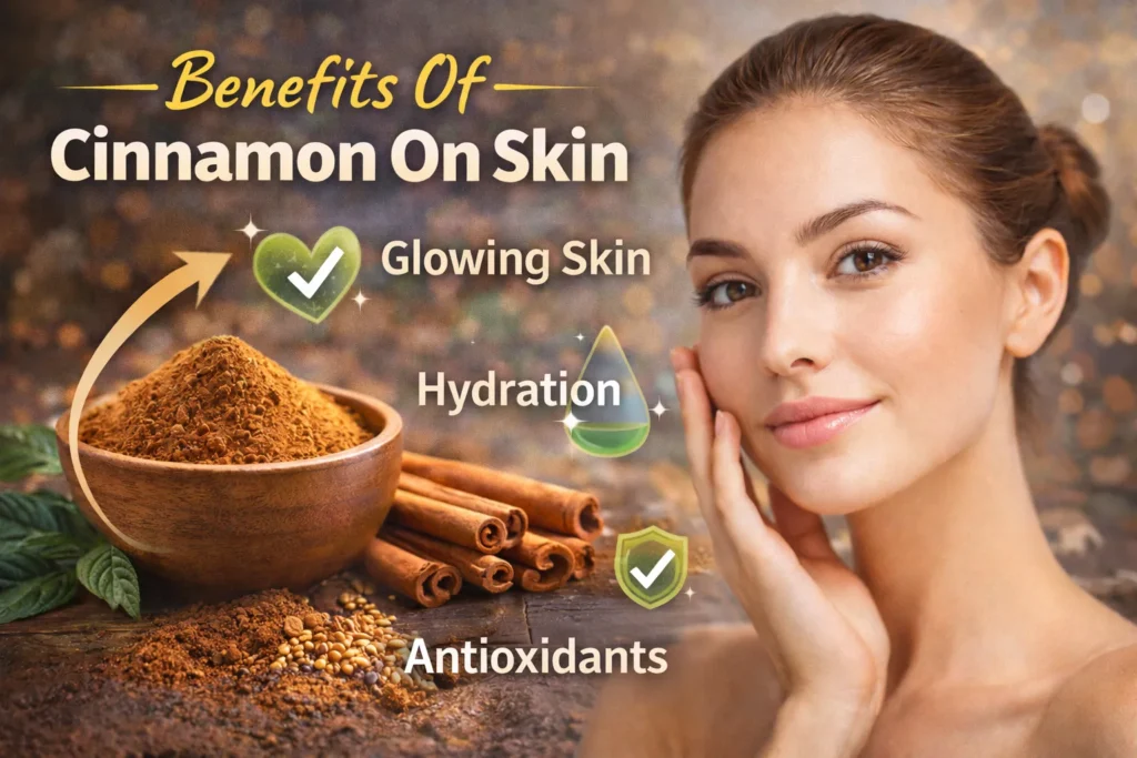 The Top Benefits Of Cinnamon On Skin For A Natural Glow Woman touching clear glowing skin beside bowl of cinnamon and sticks, thumbnail about benefits of cinnamon for skin care.