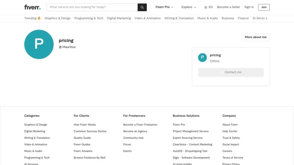 Fiverr user profile page for “pricing” from Mauritius, showing offline status, profile avatar with letter P, contact button, and site navigation with categories and footer links.