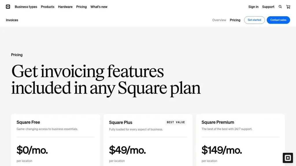 Square Invoices pricing page showing Square Free, Square Plus ($49/month), and Square Premium ($149/month) plans with invoicing features included in any Square plan.