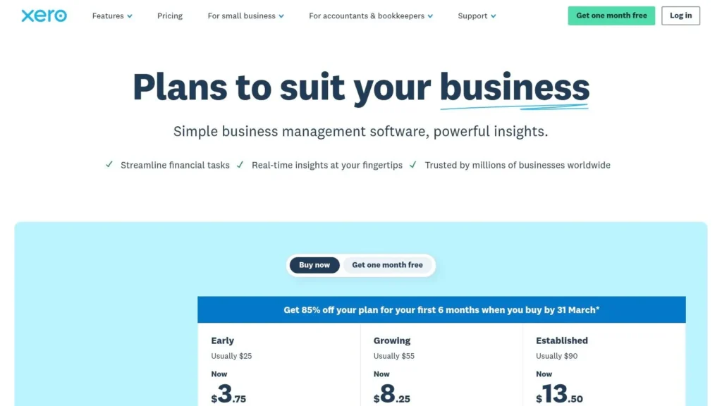 Xero pricing page showing Early, Growing, and Established plans with discounted monthly rates, “Get 85% off your plan for your first 6 months” promotion, and options to buy now or get one month free.