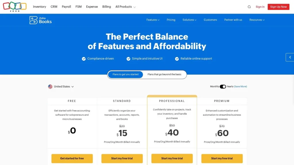 Zoho Books pricing page displaying Free, Standard, Professional, and Premium plans with monthly rates, annual billing toggle, and features highlighting compliance-driven tools, simple UI, and online support.